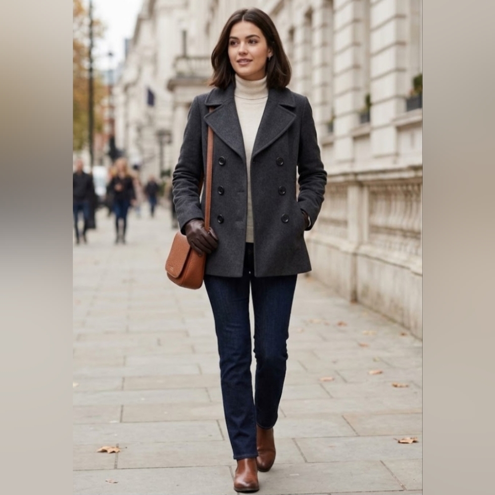 ✨ MICHAEL KORS Charcoal Gray Wool Blend Double-Breasted Pea Coat 🧥 Size S